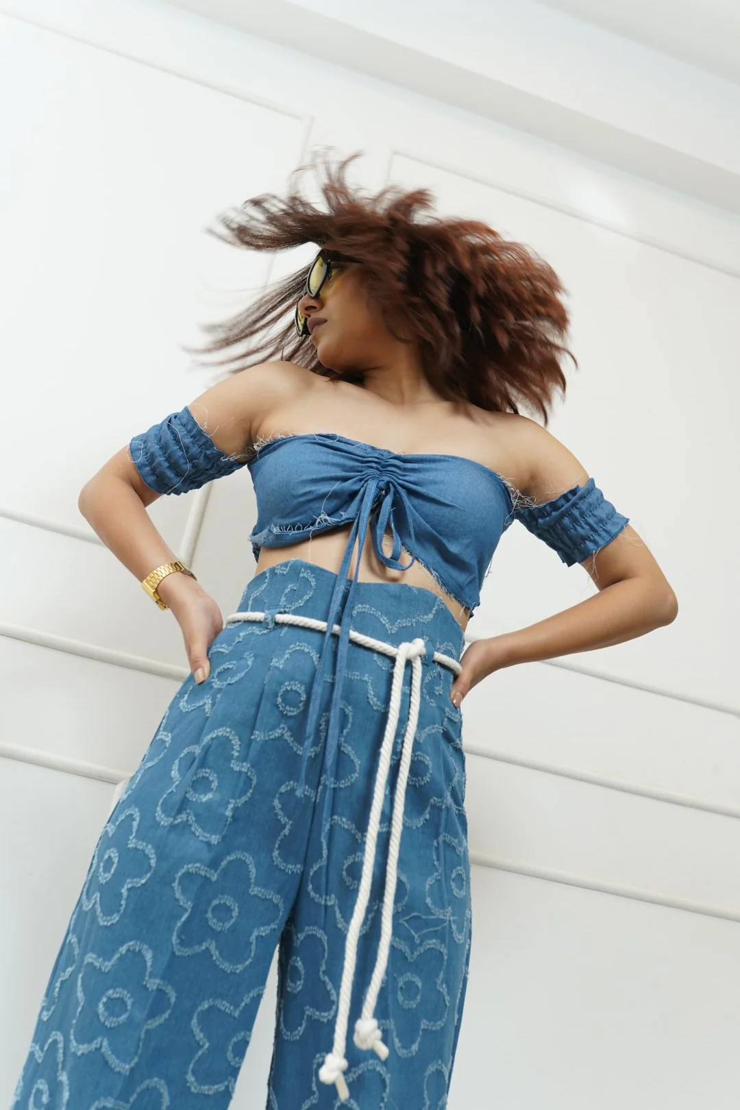 Denim Corset Rope Belt Pants With Padded Denim Top - Image 3