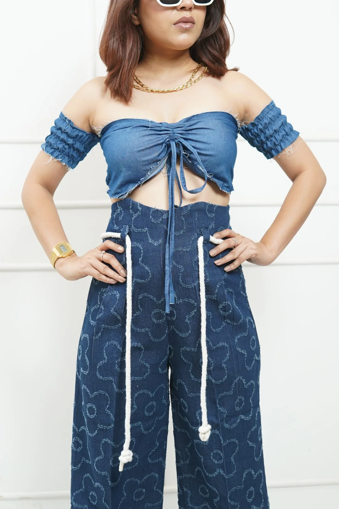 Denim Corset Rope Belt Pants With Padded Denim Top - Image 6
