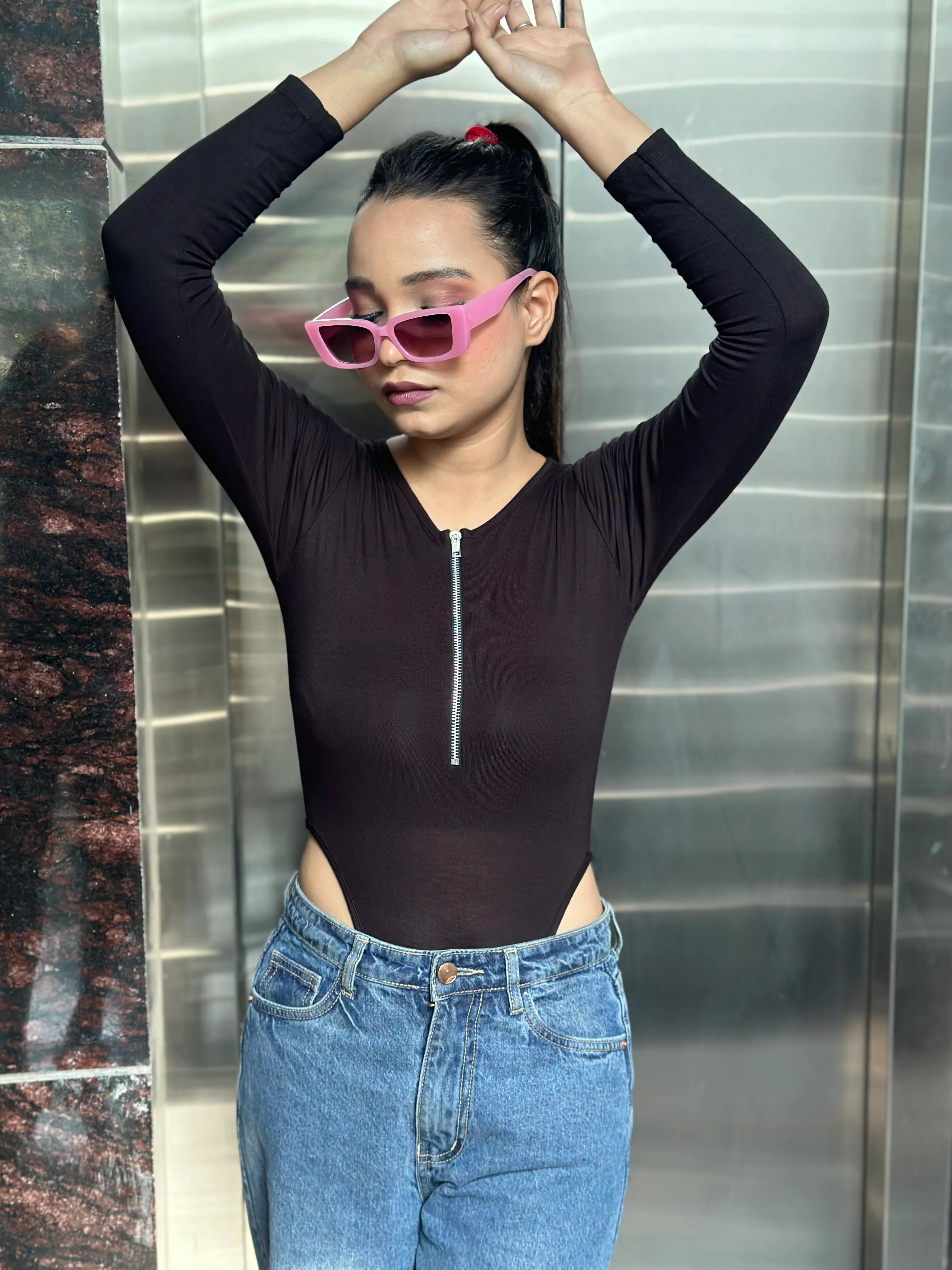 StyleAsh Front Zipper Cut-Out Bodysuit - Image 3