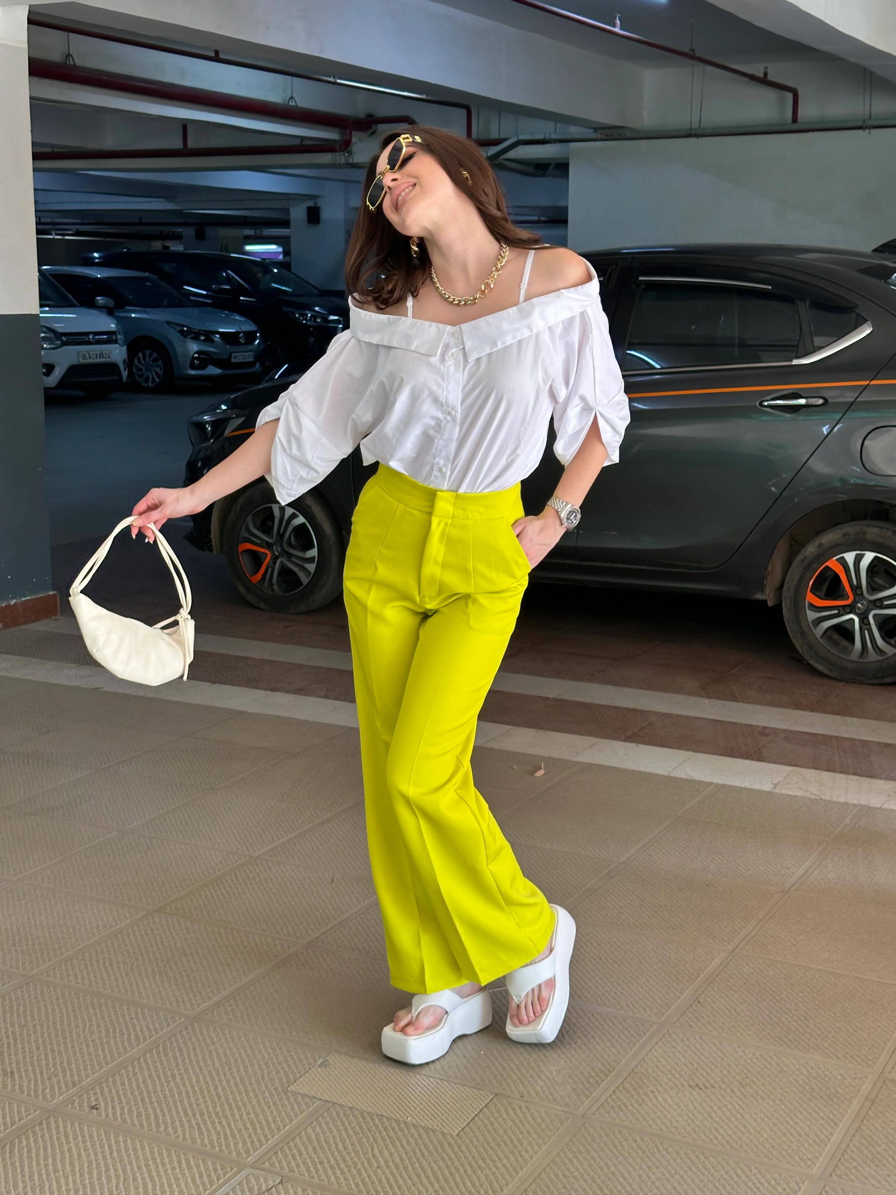 White Off-shoulder Shirt With Neon Yellow Pants - Image 10