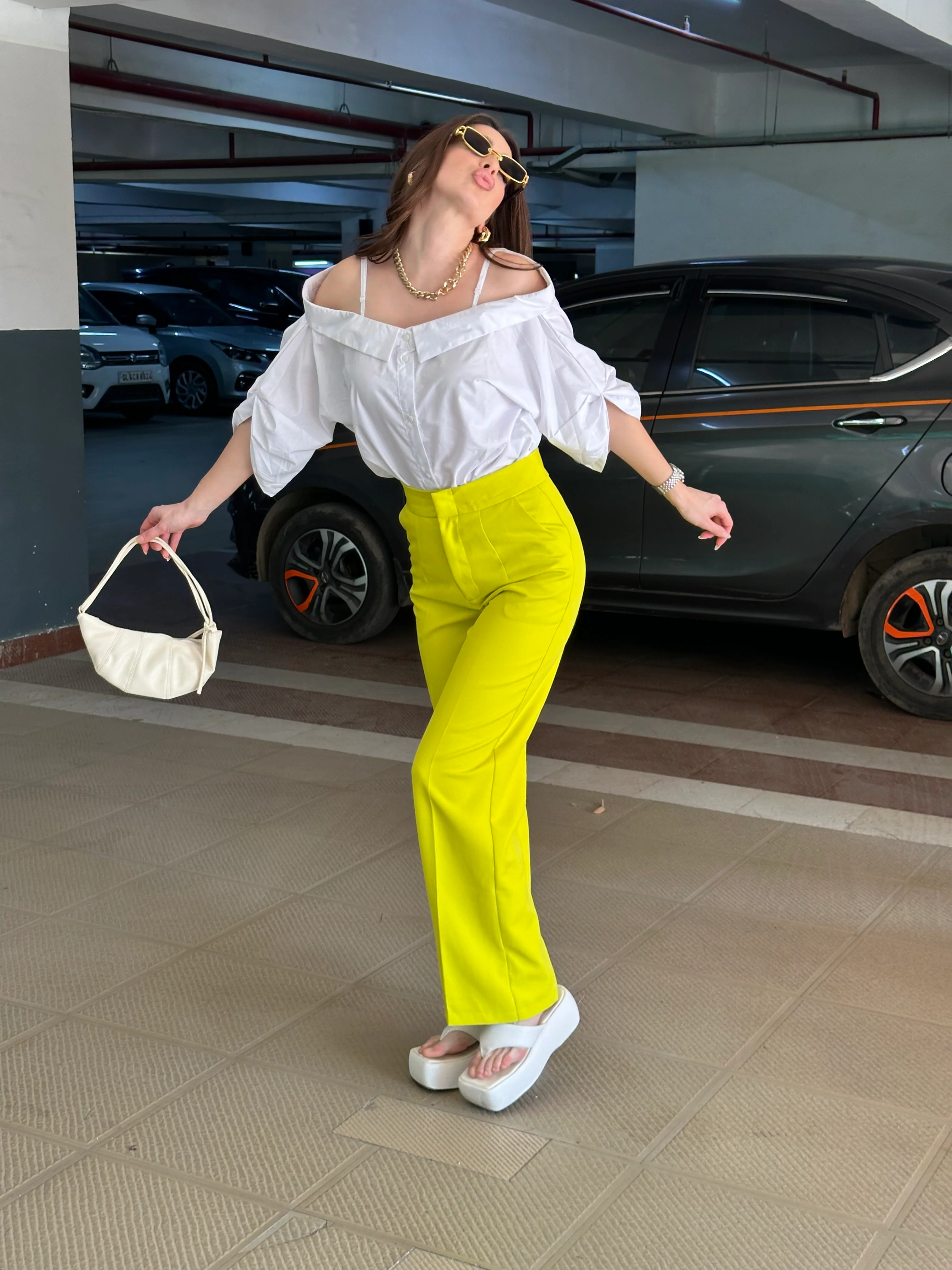 White Off-shoulder Shirt With Neon Yellow Pants - Image 11