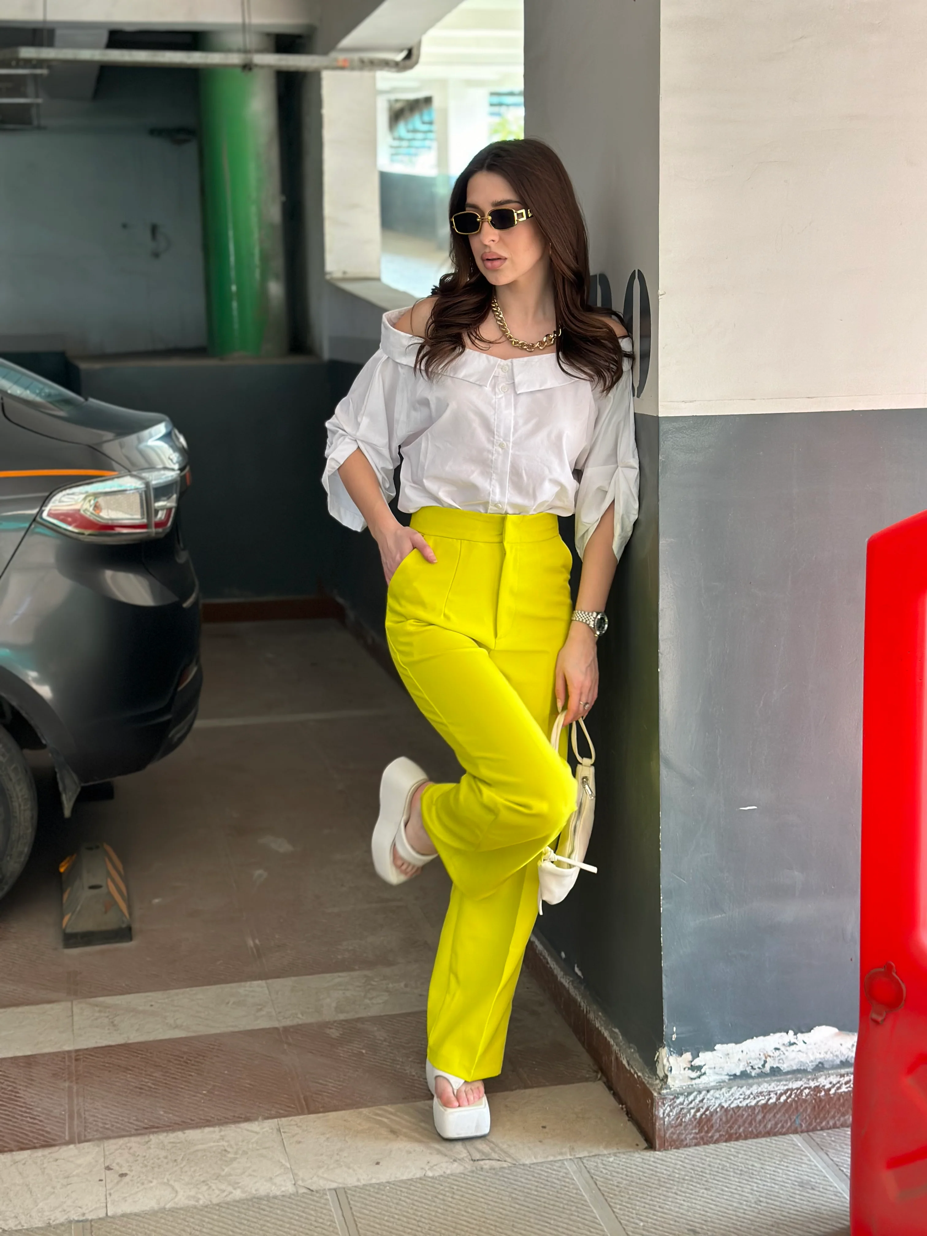 White Off-shoulder Shirt With Neon Yellow Pants - Image 12