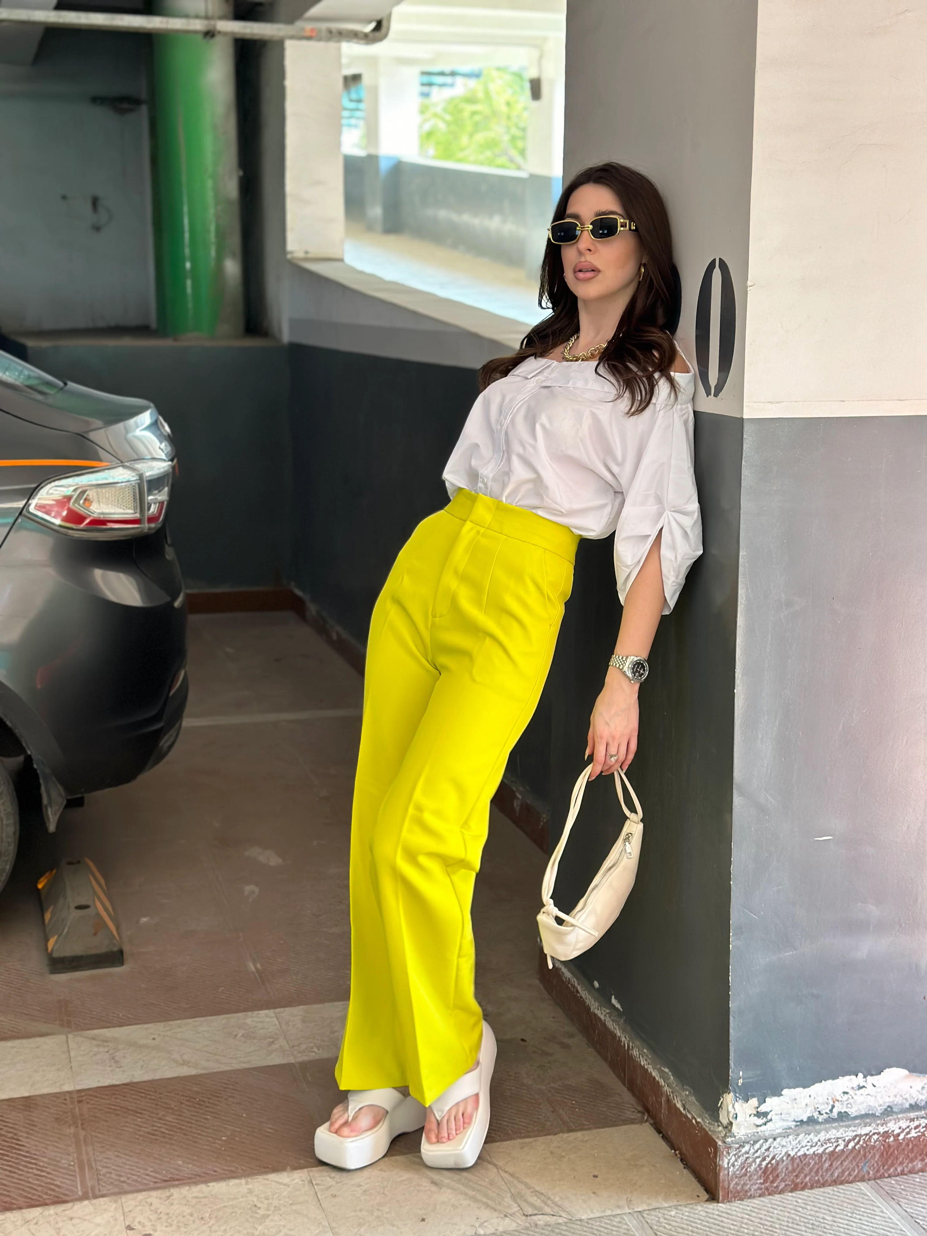 White Off-shoulder Shirt With Neon Yellow Pants - Image 4