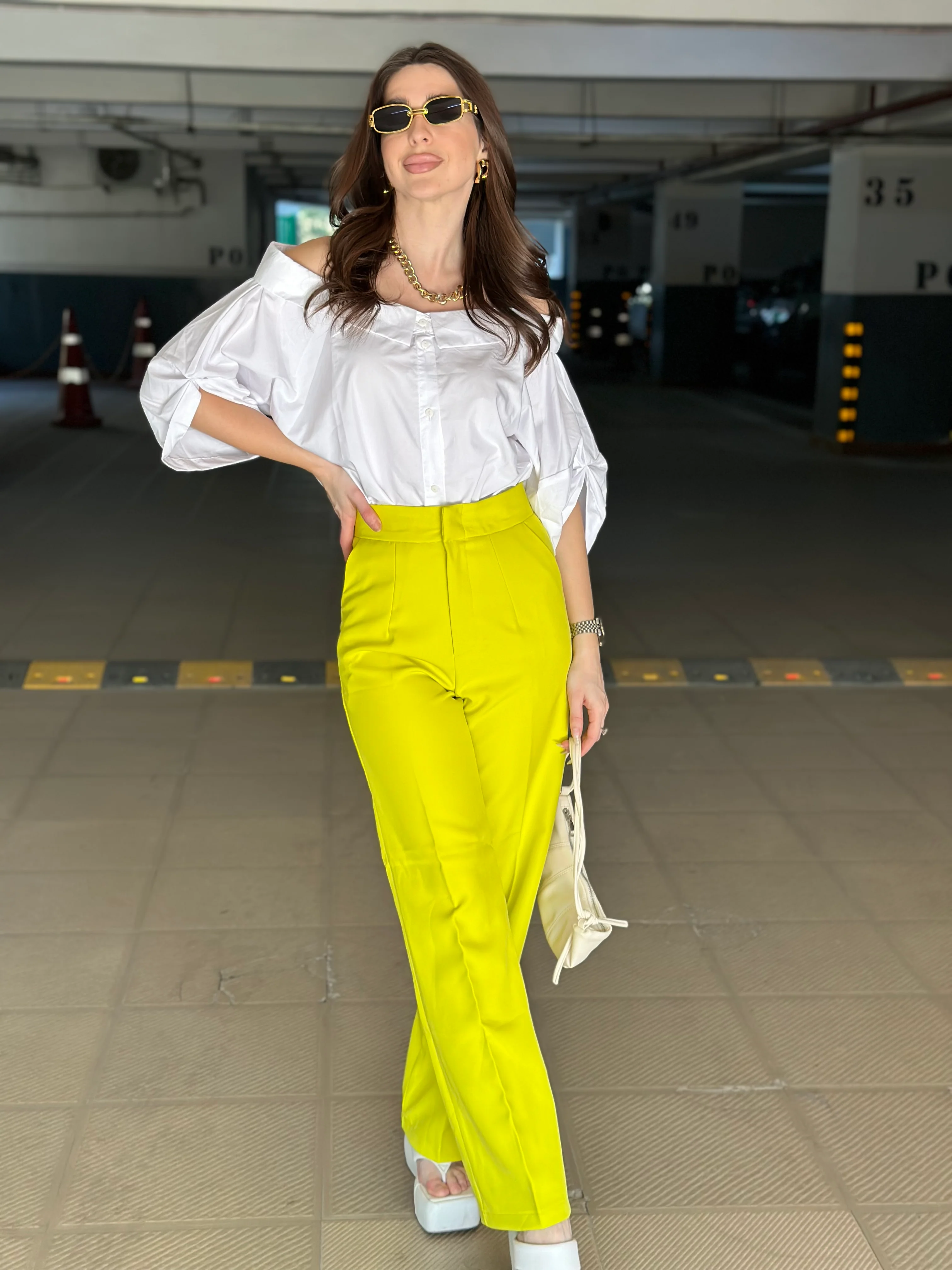 White Off-shoulder Shirt With Neon Yellow Pants - Image 5