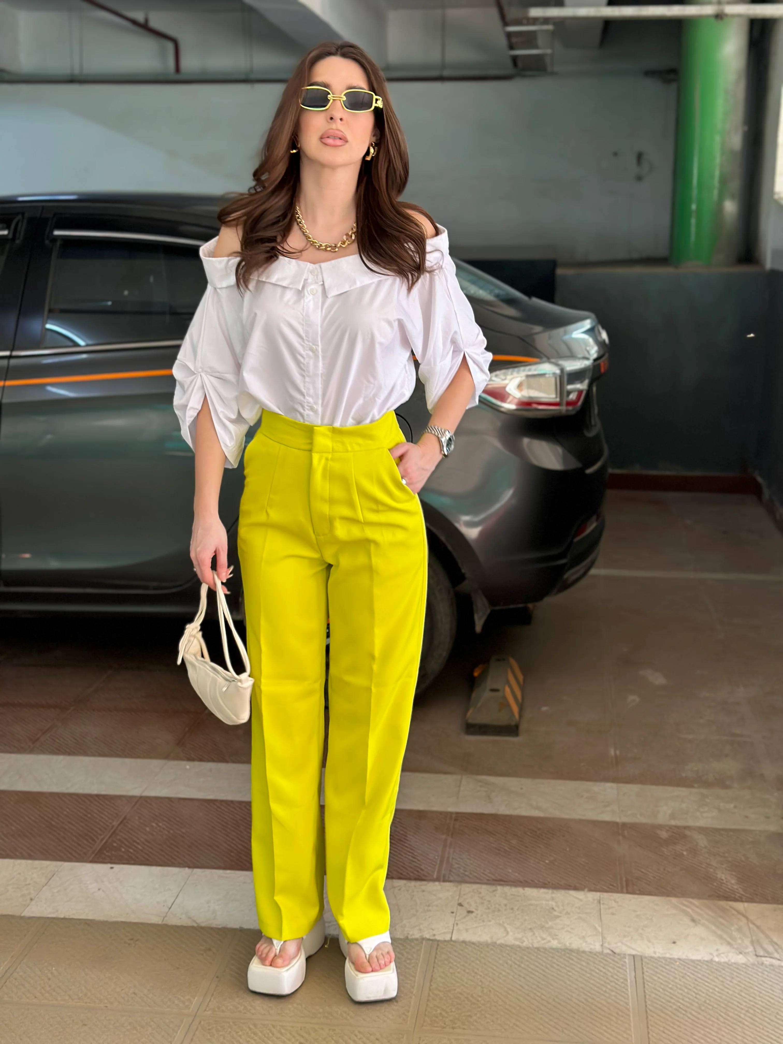 White Off-shoulder Shirt With Neon Yellow Pants - Image 6