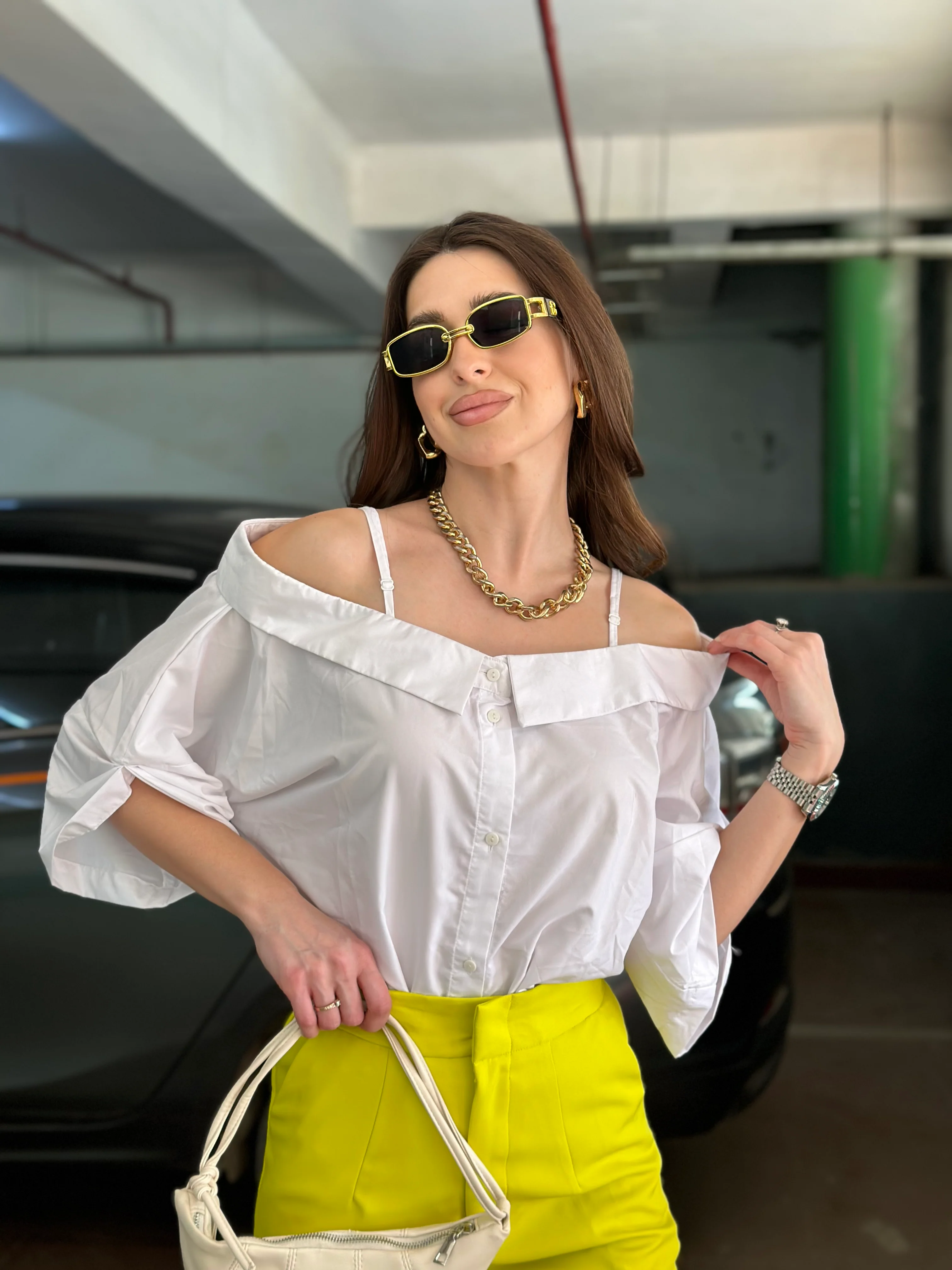 White Off-shoulder Shirt With Neon Yellow Pants - Image 7