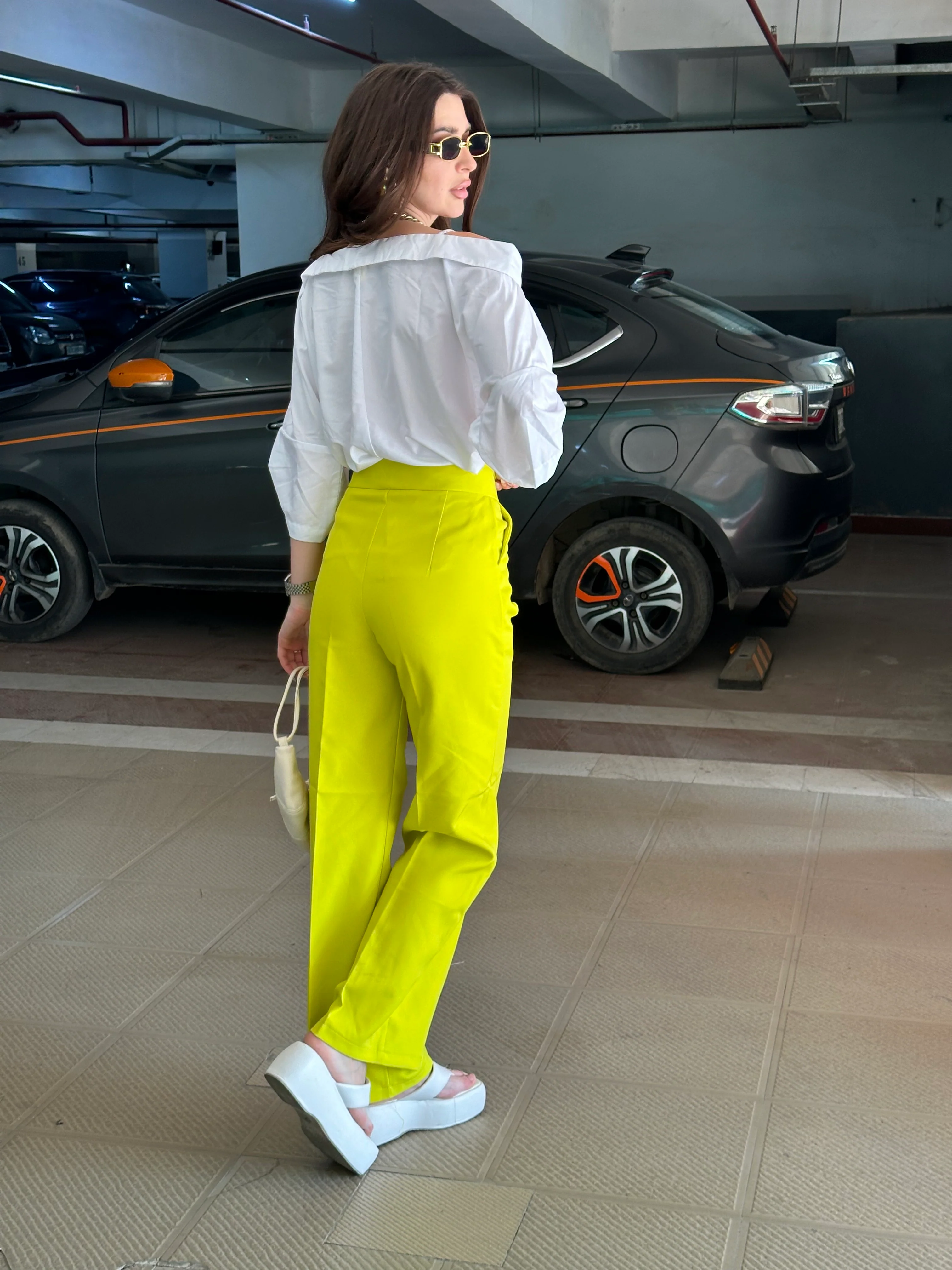 White Off-shoulder Shirt With Neon Yellow Pants - Image 9